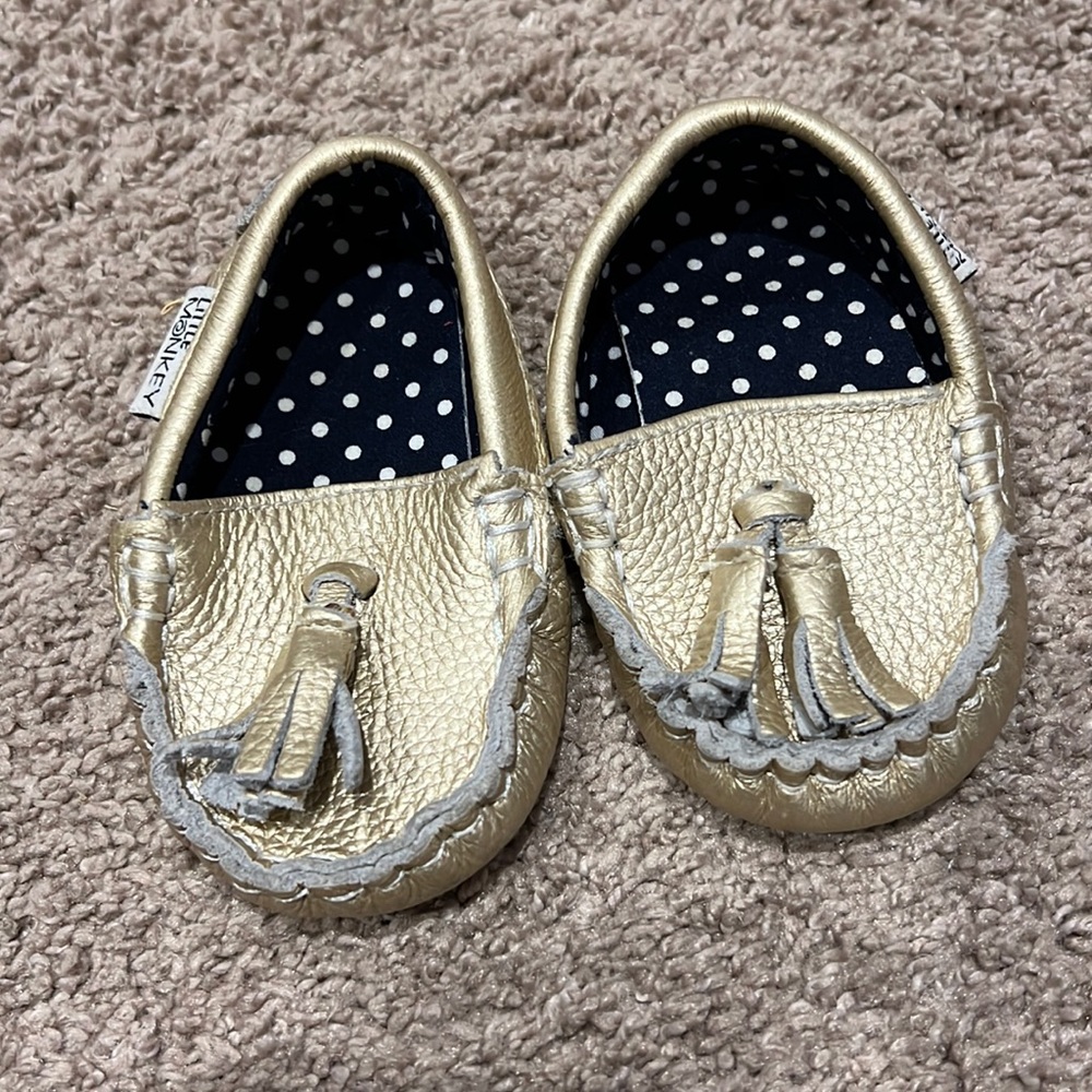 Little Monkey baby gold moccasins. 6-12 month size.